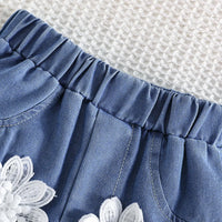 Girls Fuchsia Bow Crop Top With Floral Embroidered Denim Shorts Sets Sets