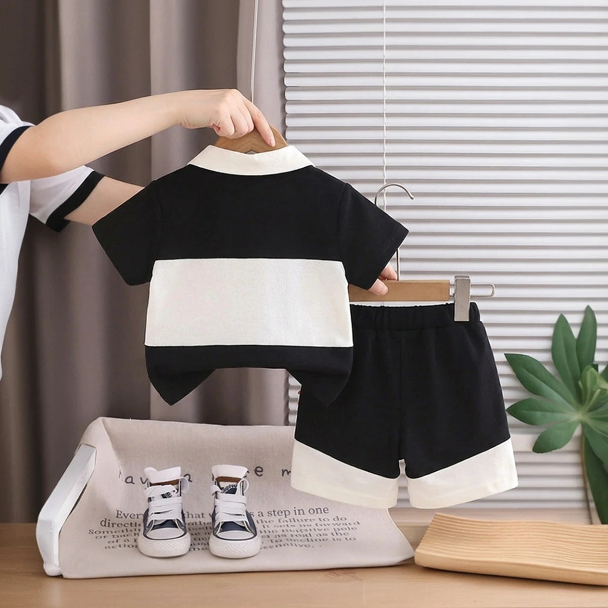 Boys Black Typographic Polo T-Shirt With Elasticated Shorts Sets 2 pc. Sets