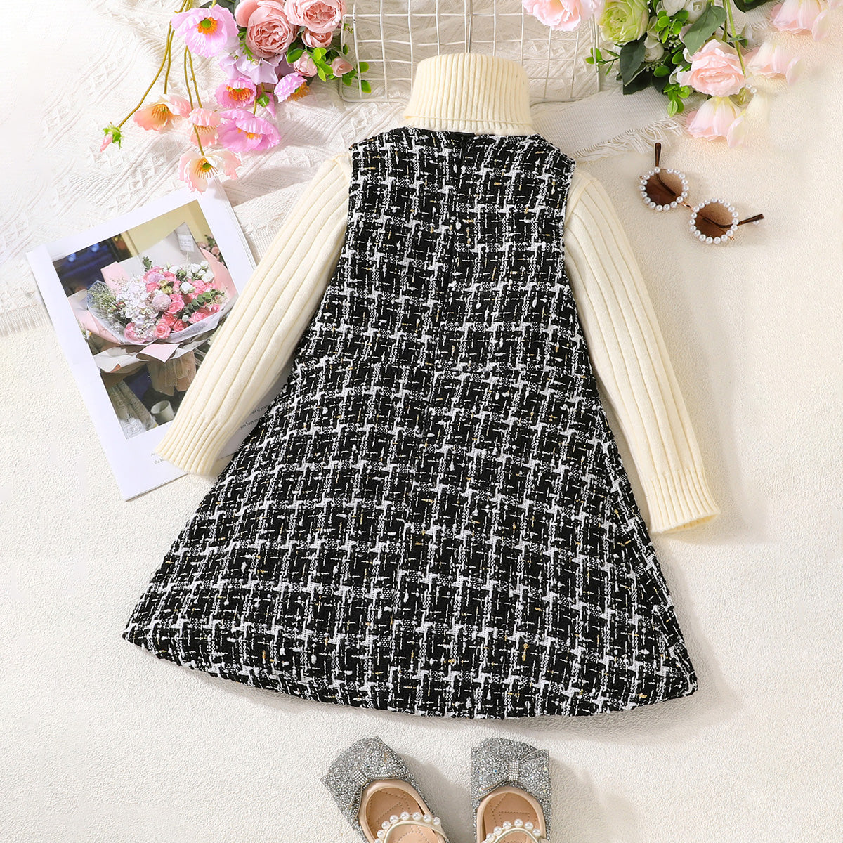Girls Black Tweed High Neck Sleeveless Winter Dress Party Dresses