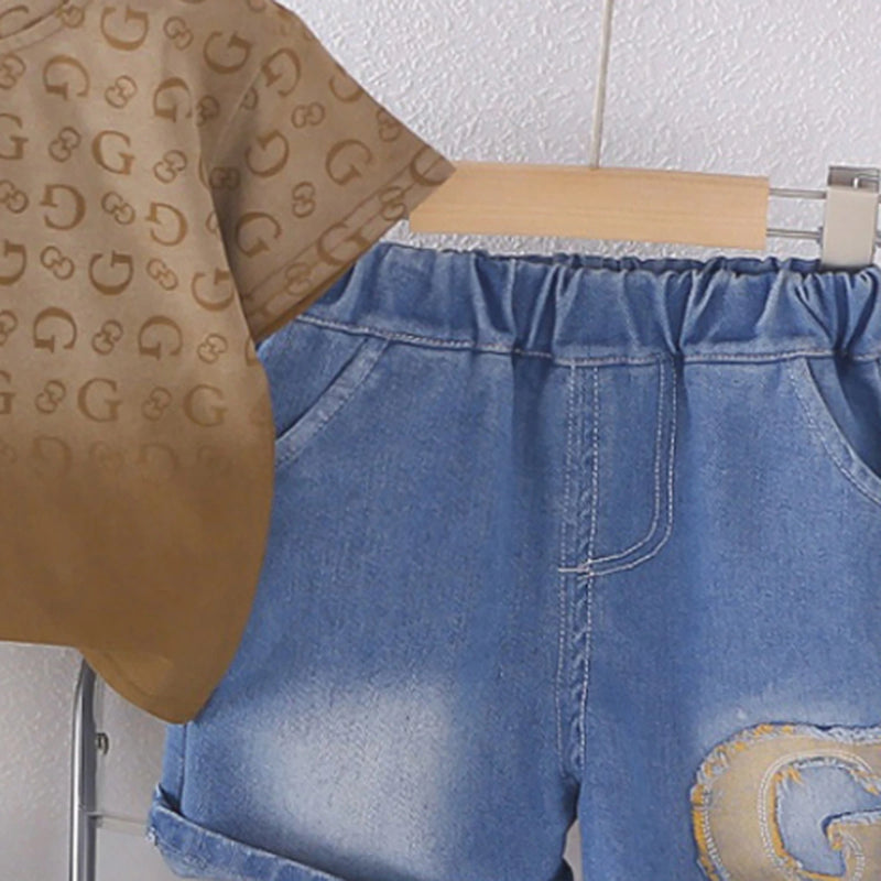 Boys Light Brown Letter G Printed T-Shirt With Denim Shorts Set Sets
