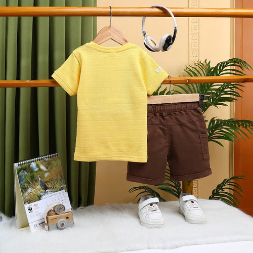 Boys Yellow Music Printed Short Sleeve T-Shirt With Drawstring Shorts Sets Sets