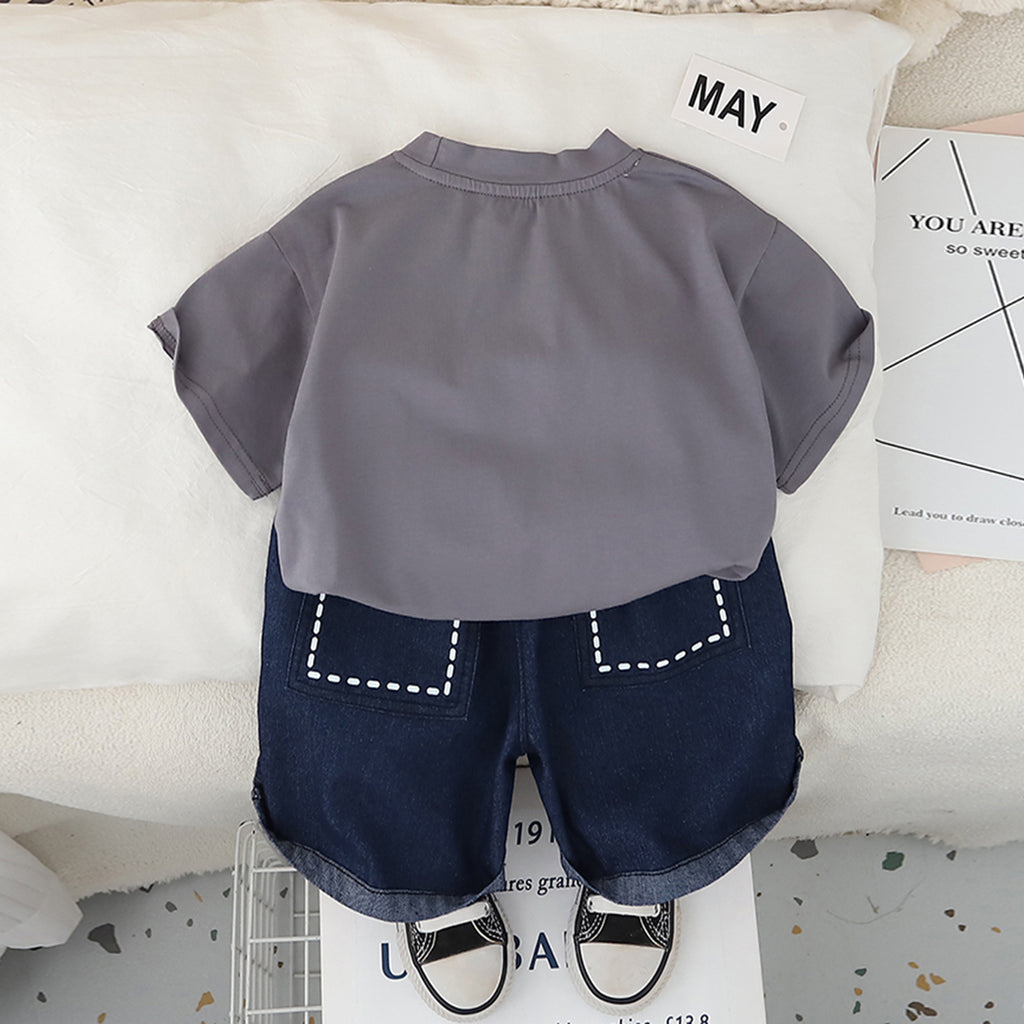 Boys Grey Dollhouse Printed T-Shirt With Denim Shorts Set 2 pc. Sets