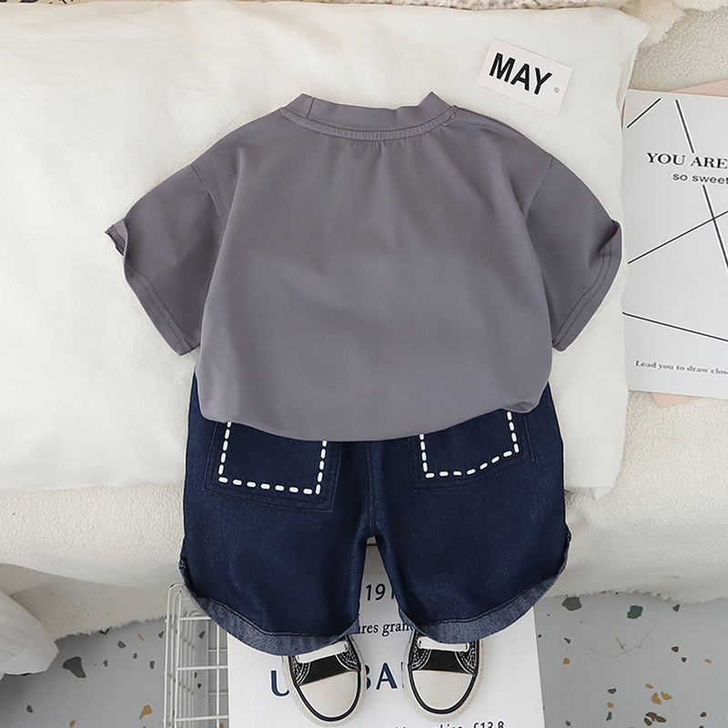 Boys Grey Dollhouse Printed T-Shirt With Denim Shorts Set 2 pc. Sets