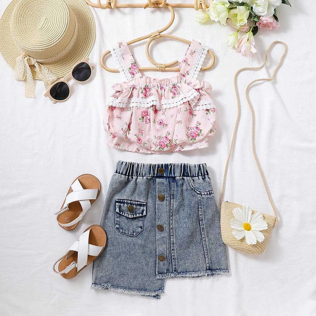 Girls Floral Printed Camisole Top With Denim Skirt Set