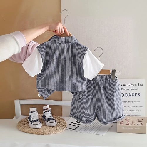 Boys Dark Grey Striped Zip-Up T-Shirt With Shorts Sets Sets