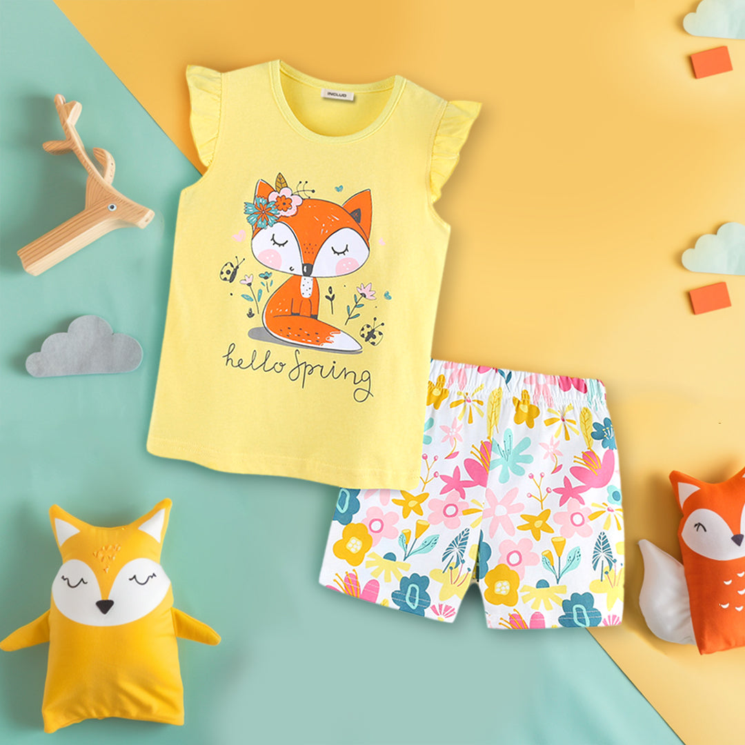 Girls Graphic Print T-Shirt With Shorts Set Sets Yellow 1-2 Y 