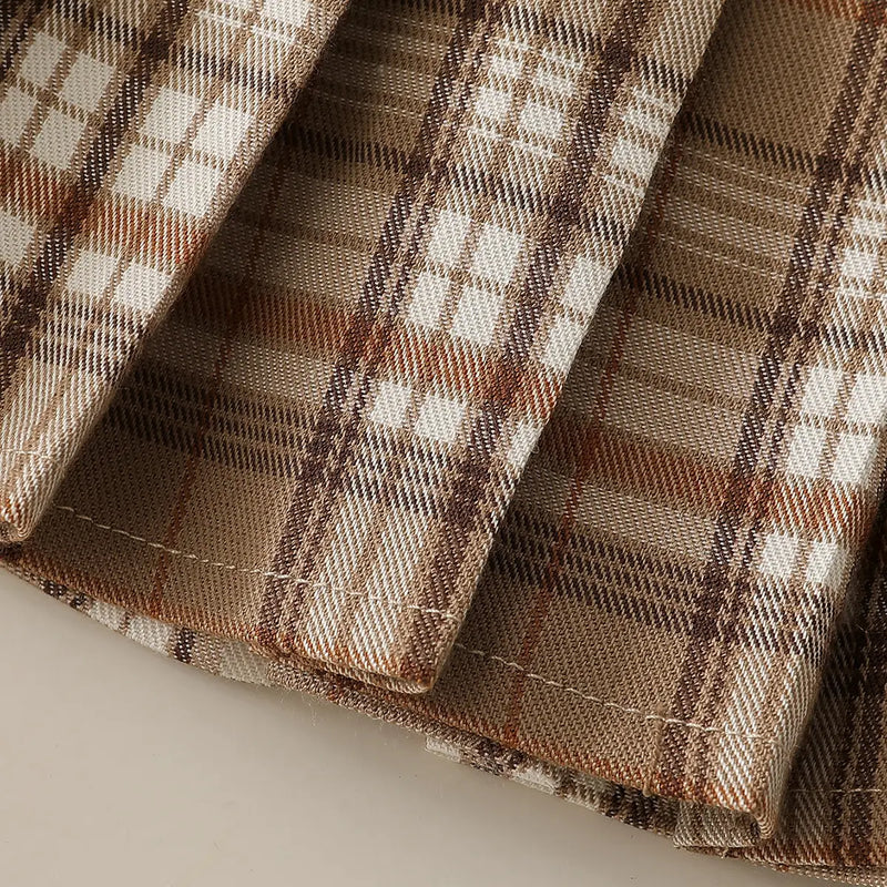 Girls Light Brown Collared Top With Knitted Vest & Checked Skirt sets Sets