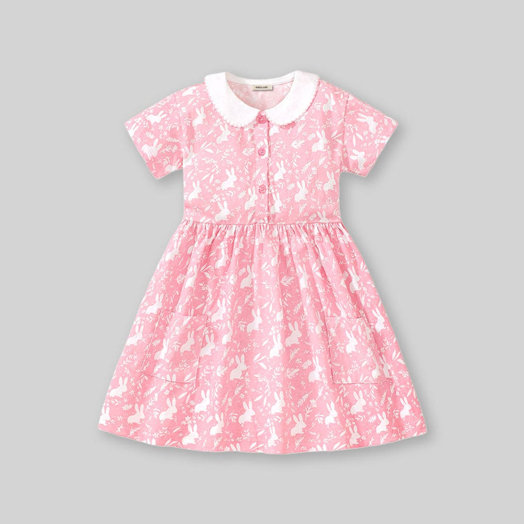 Girls Peter Pan Collar Rabbit Print Fit & Flare Dress