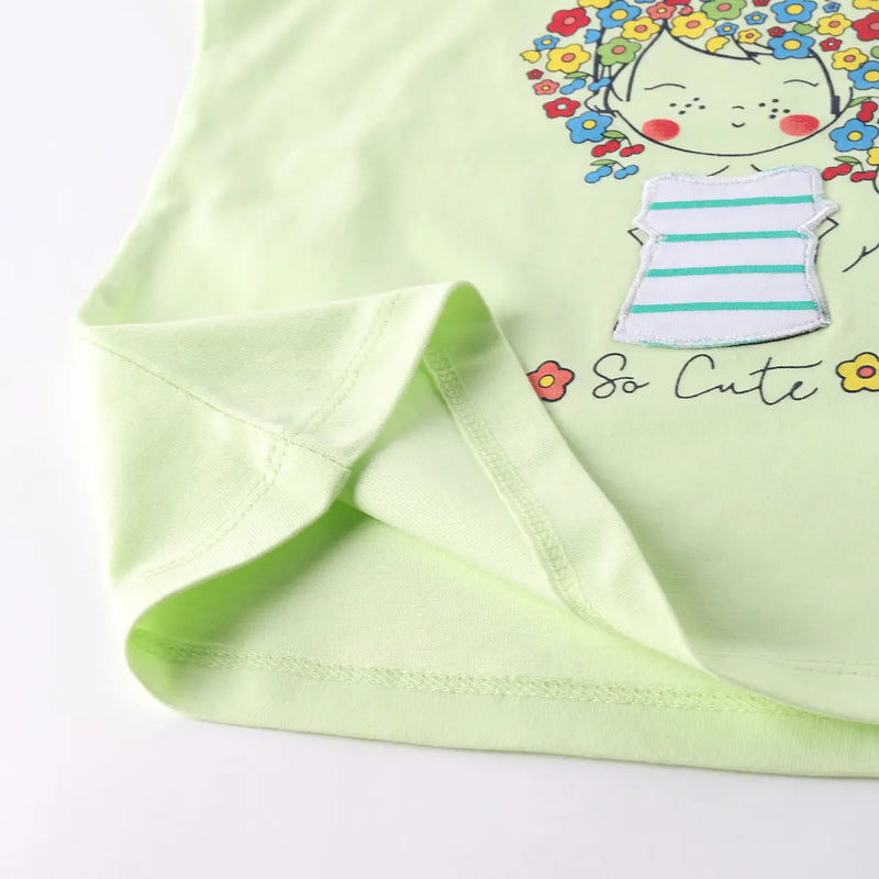 Girls Light Green Floral Graphic Short Sleeves Top With Drawstring Shorts Sets Sets