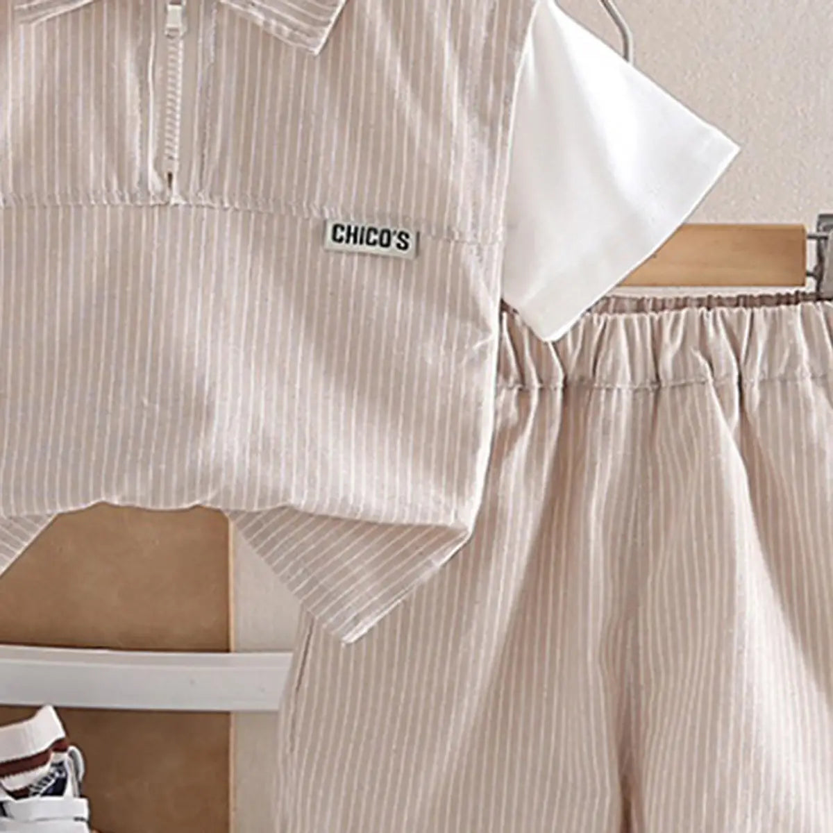 Boys Light Brown Striped Zip-Up T-Shirt With Shorts Sets Sets
