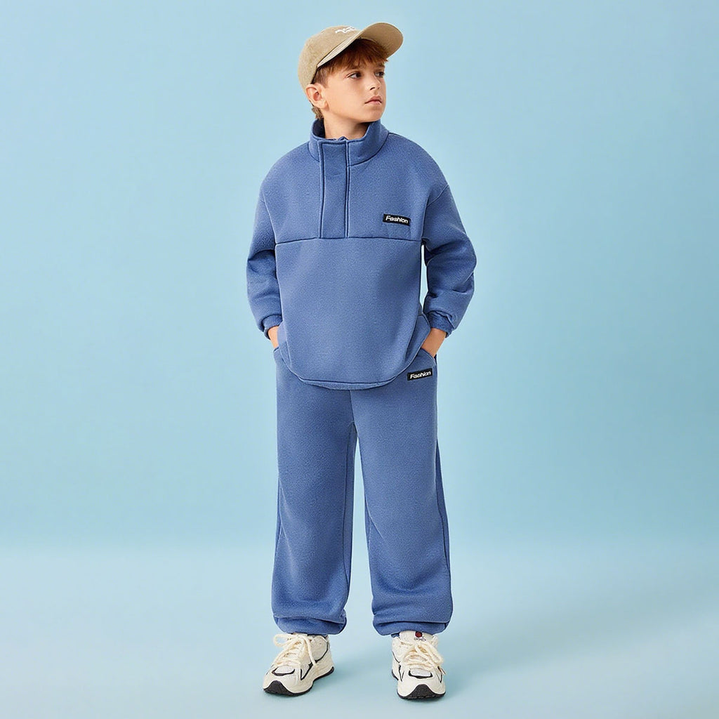 Boys Blue Solid High Neck Sweatshirt With Joggers Winter Co-ord Sets 2 pc. Sets