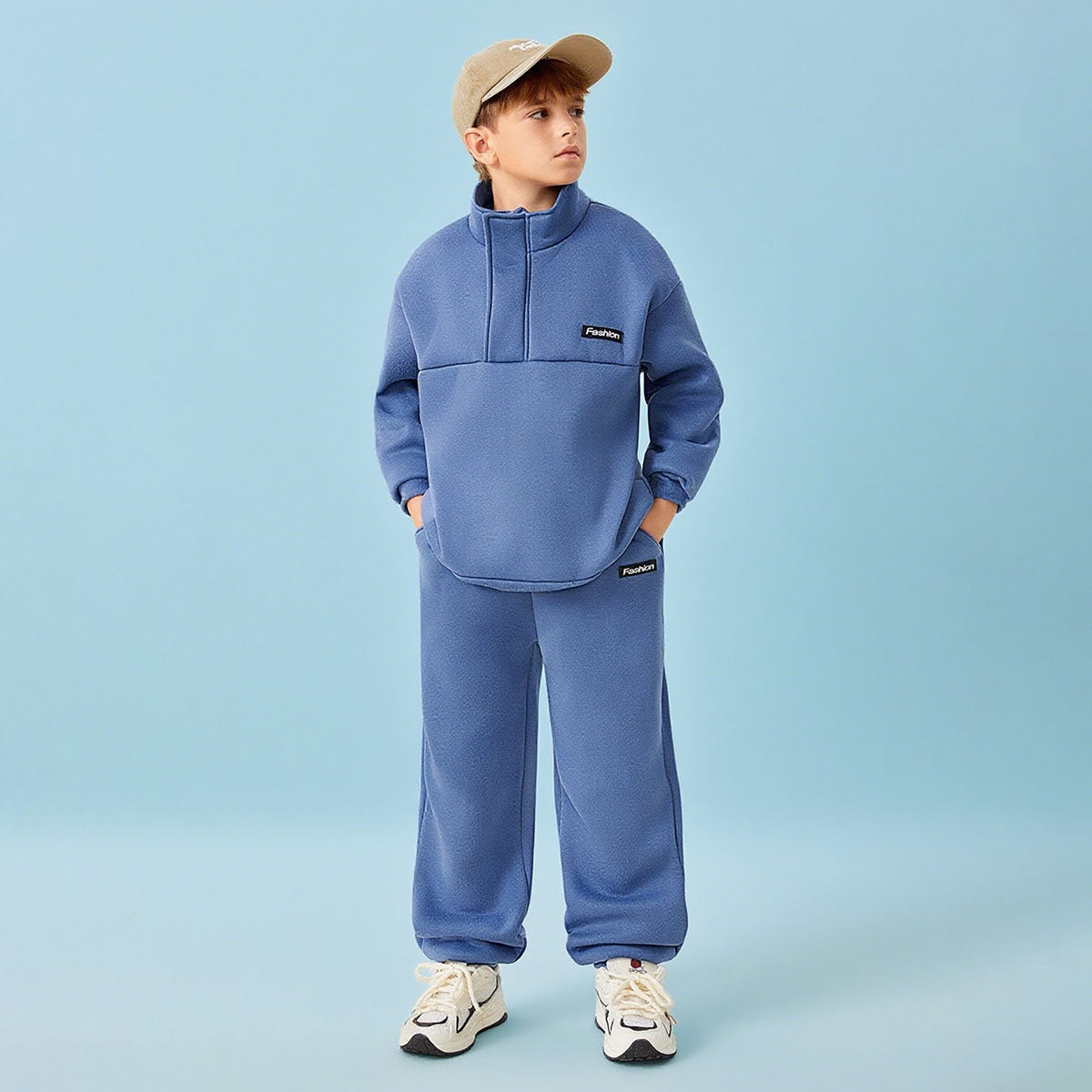 Boys Blue Solid High Neck Sweatshirt With Joggers Winter Co-ord Sets 2 pc. Sets