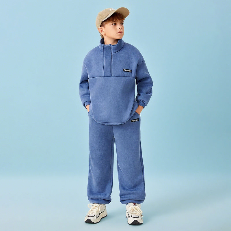 Boys Blue Solid High Neck Sweatshirt With Joggers Winter Co-ord Sets 2 pc. Sets