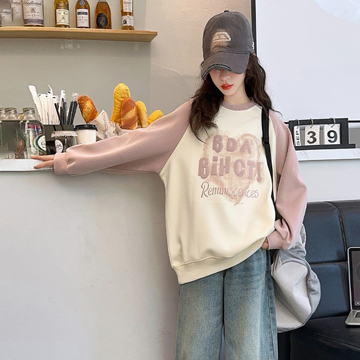 Girls Pink Typographic Printed Raglan Winter Sweatshirts Sweatshirts & Hoodies