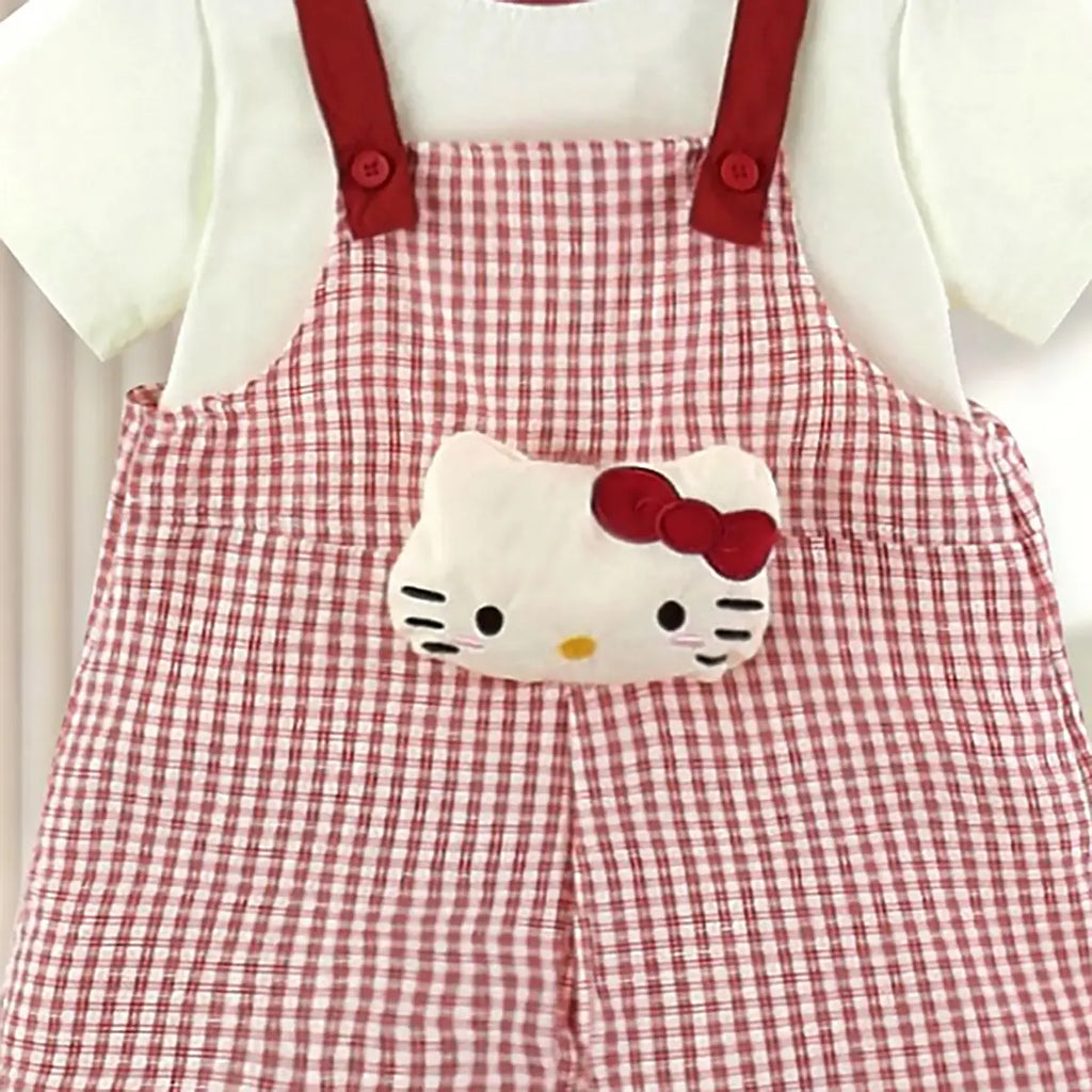 Girls Red Checked Dungaree With Cute Kitty Vibes Tee Sets 2 pc. Sets