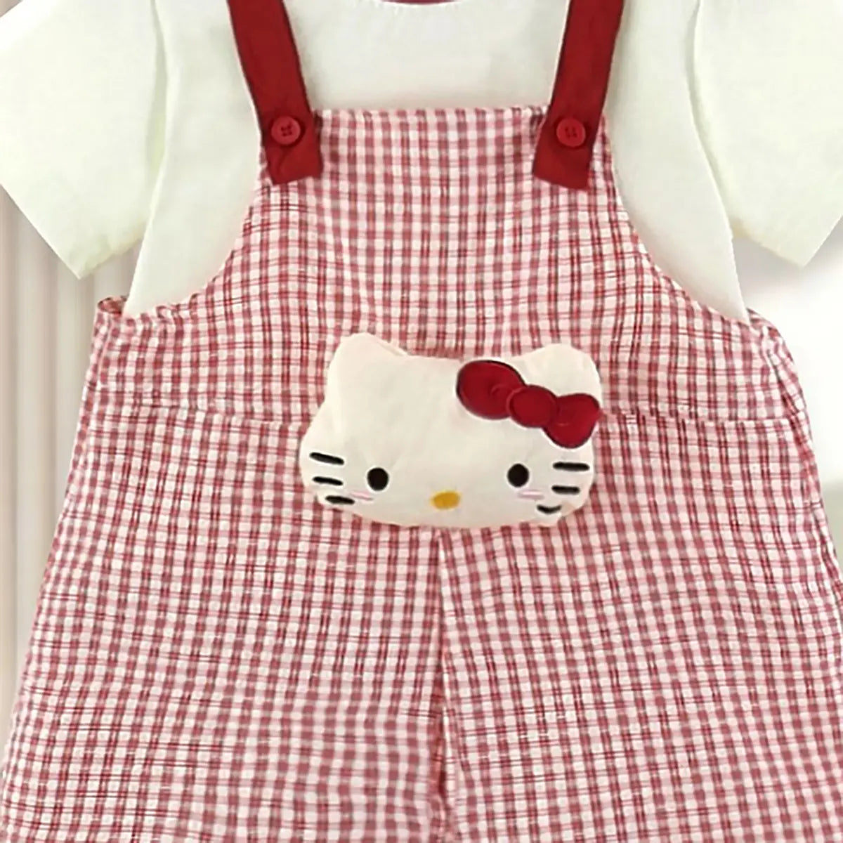 Girls Red Checked Dungaree With Cute Kitty Vibes Tee Sets 2 pc. Sets