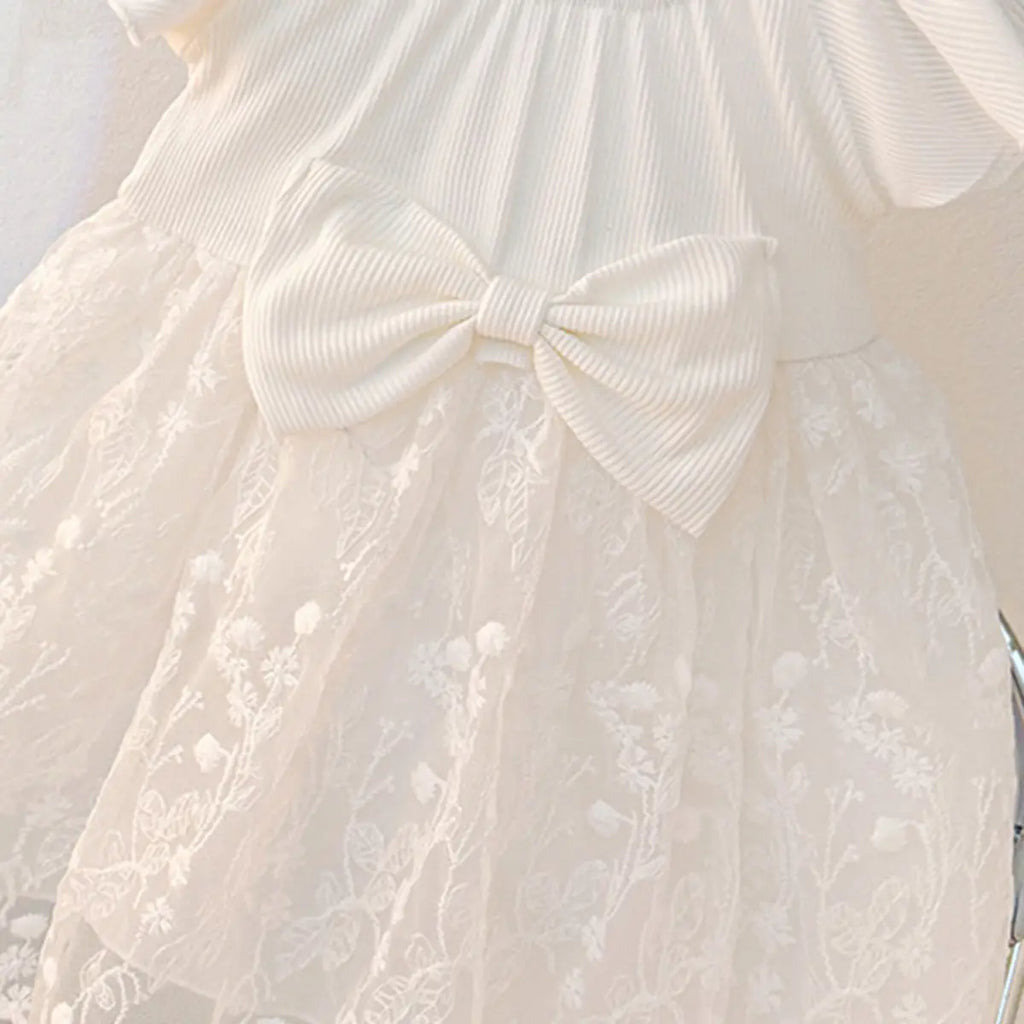 Girls White Floral Embroidery Lace Net Round Neck Fit & Flare Dress Casual Dresses