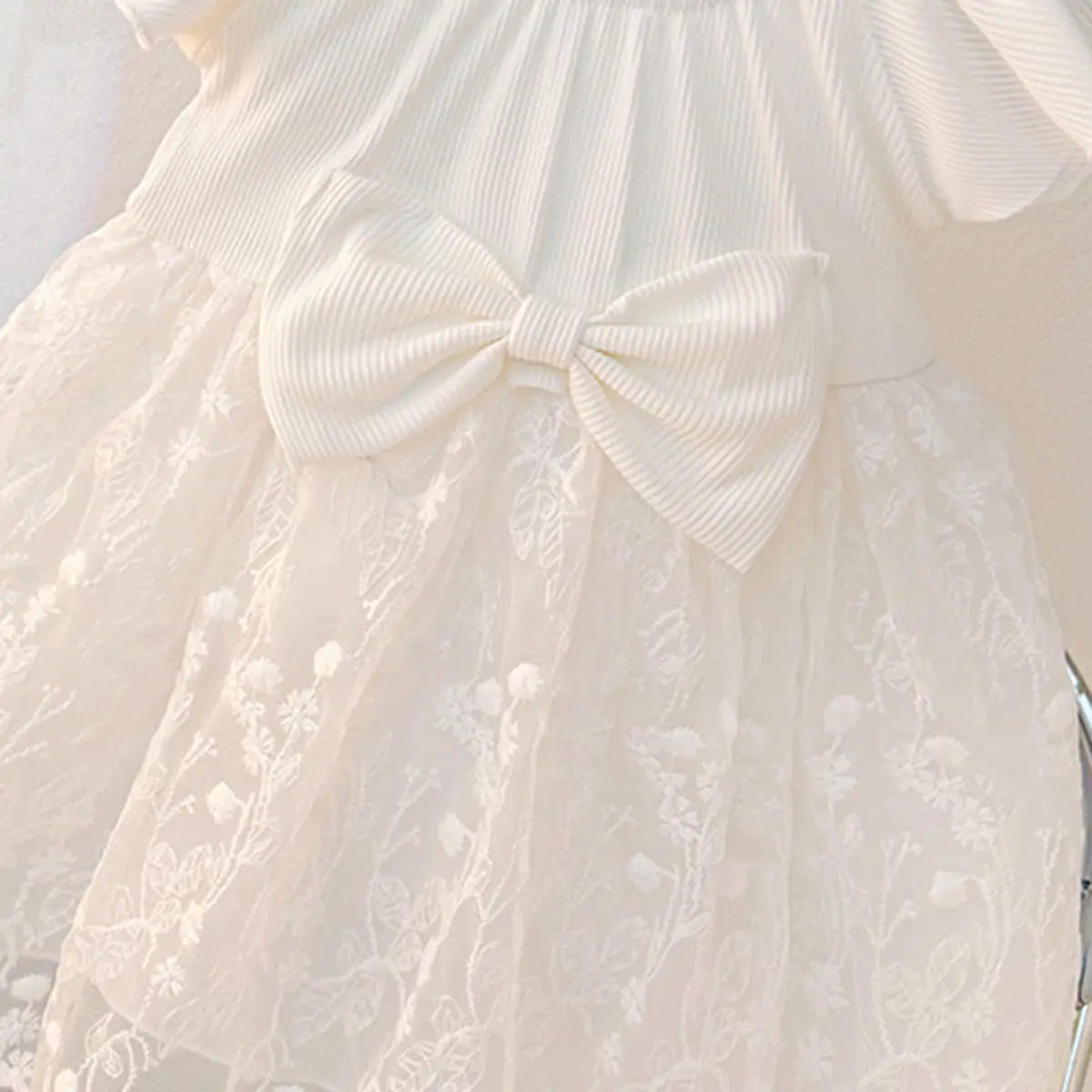 Girls White Floral Embroidery Lace Net Round Neck Fit & Flare Dress Casual Dresses