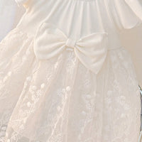 Girls White Floral Embroidery Lace Net Round Neck Fit & Flare Dress Casual Dresses