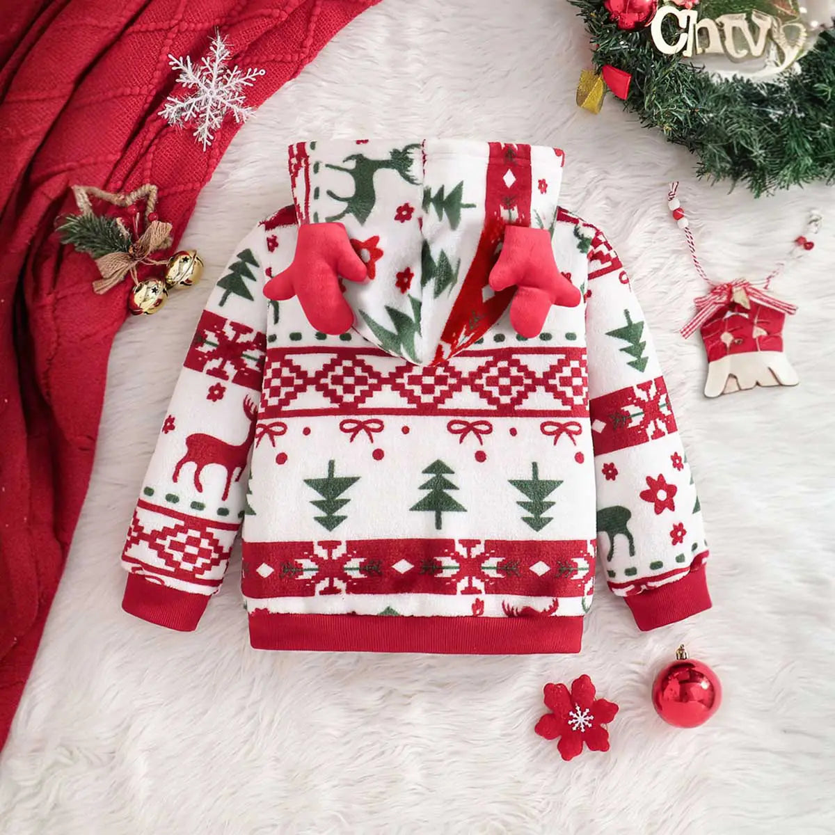 Girls White Self-Design Christmas Theme Patterns Fleece Sweatshirt Sweatshirts & Hoodies