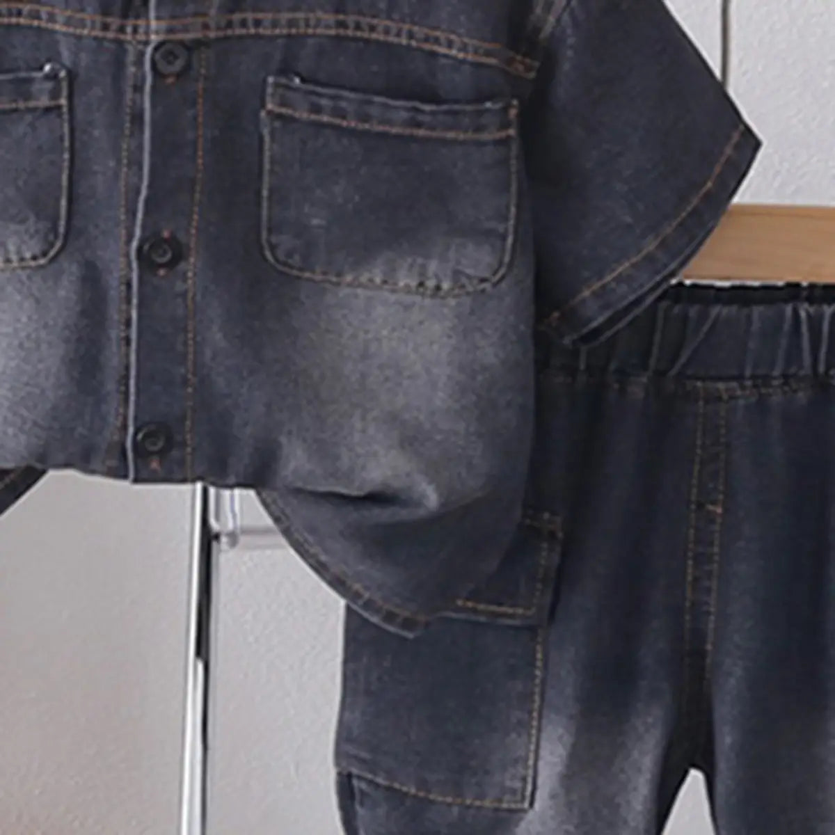 Boys Black Washed Denim Shirt With Shorts Sets Sets