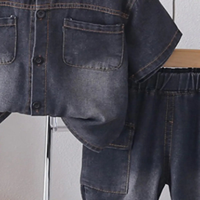 Boys Black Washed Denim Shirt With Shorts Sets Sets