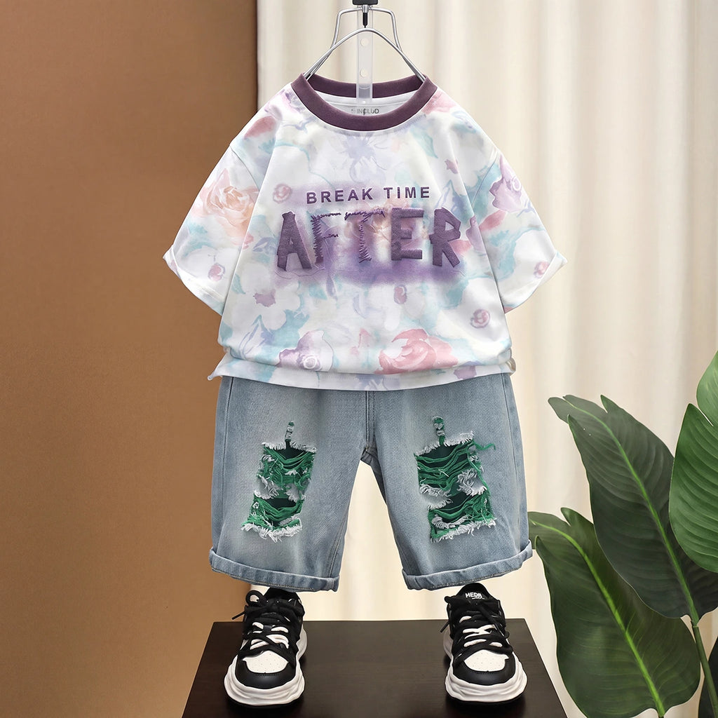 Boys Multicolour Typography Print Short Sleeve T-Shirt With Distressed Denim Shorts Sets 2 pc. Sets Multicolor 1-2 Y
