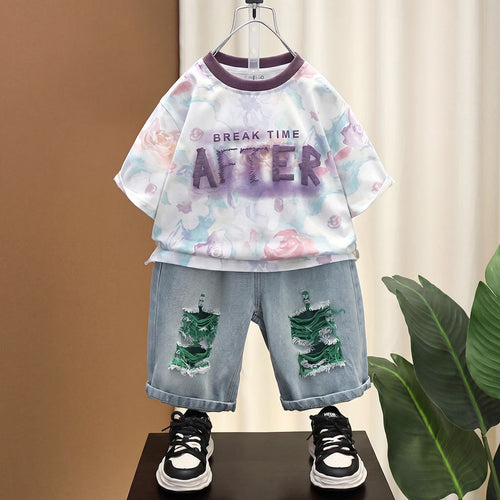 Boys Multicolour Typography Print Short Sleeve T-Shirt With Distressed Denim Shorts Sets 2 pc. Sets Multicolor 1-2 Y