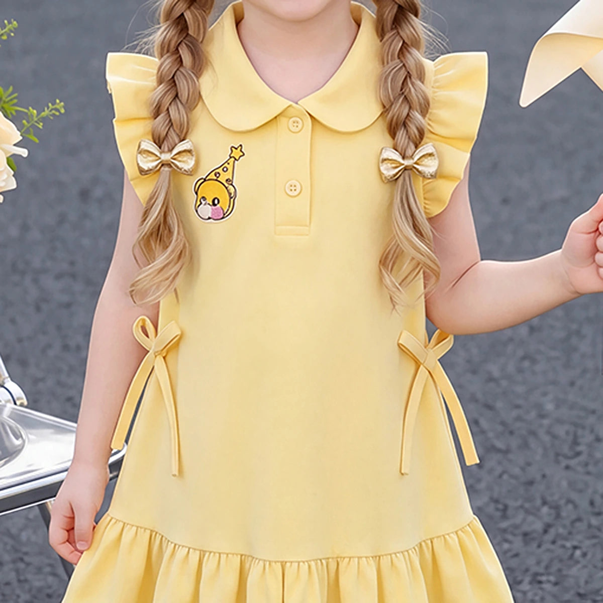 Girls Yellow Graphics Flutter Sleeve T-Shirt dress Casual Dresses