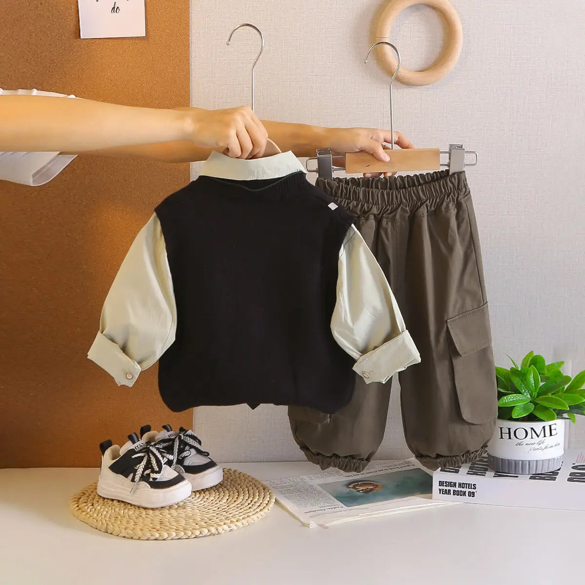 Boys Black Sweater Vest & Neck-Tie With Shirt & Cargo Jogger Sets Sets