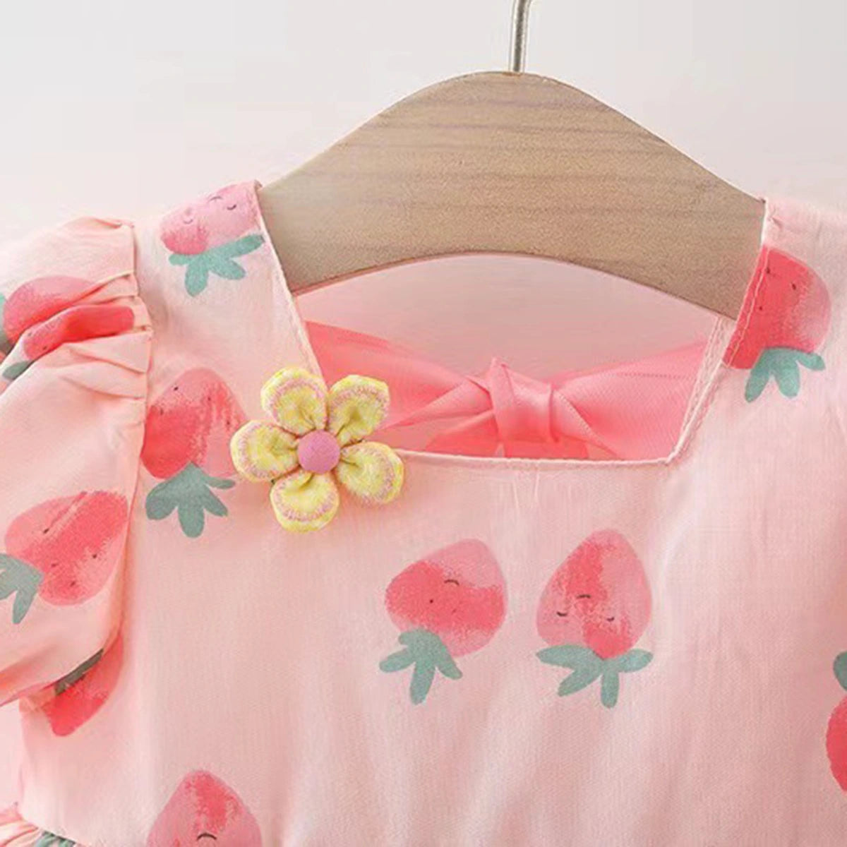 Girls Pink Strawberry Printed Square Neck Fit & Flare Dress Casual Dresses