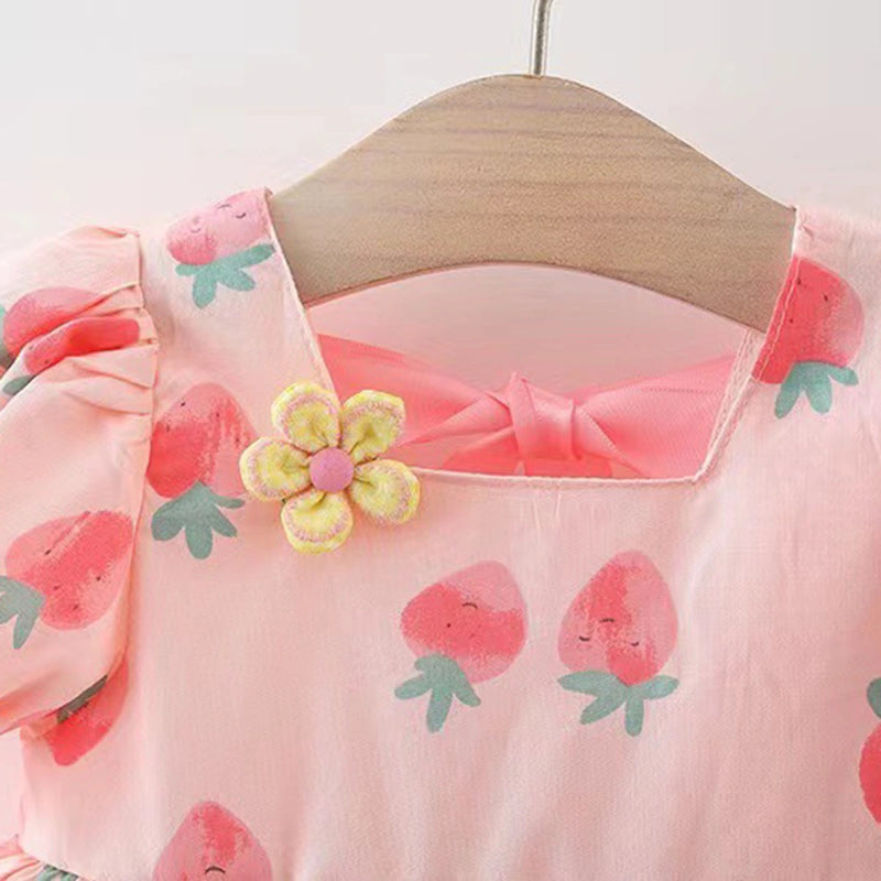 Girls Pink Strawberry Printed Square Neck Fit & Flare Dress Casual Dresses