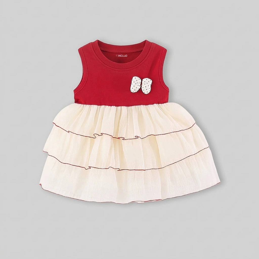 Girls Red Layered Fit And Flare Dress With Bow Details Casual Dresses
