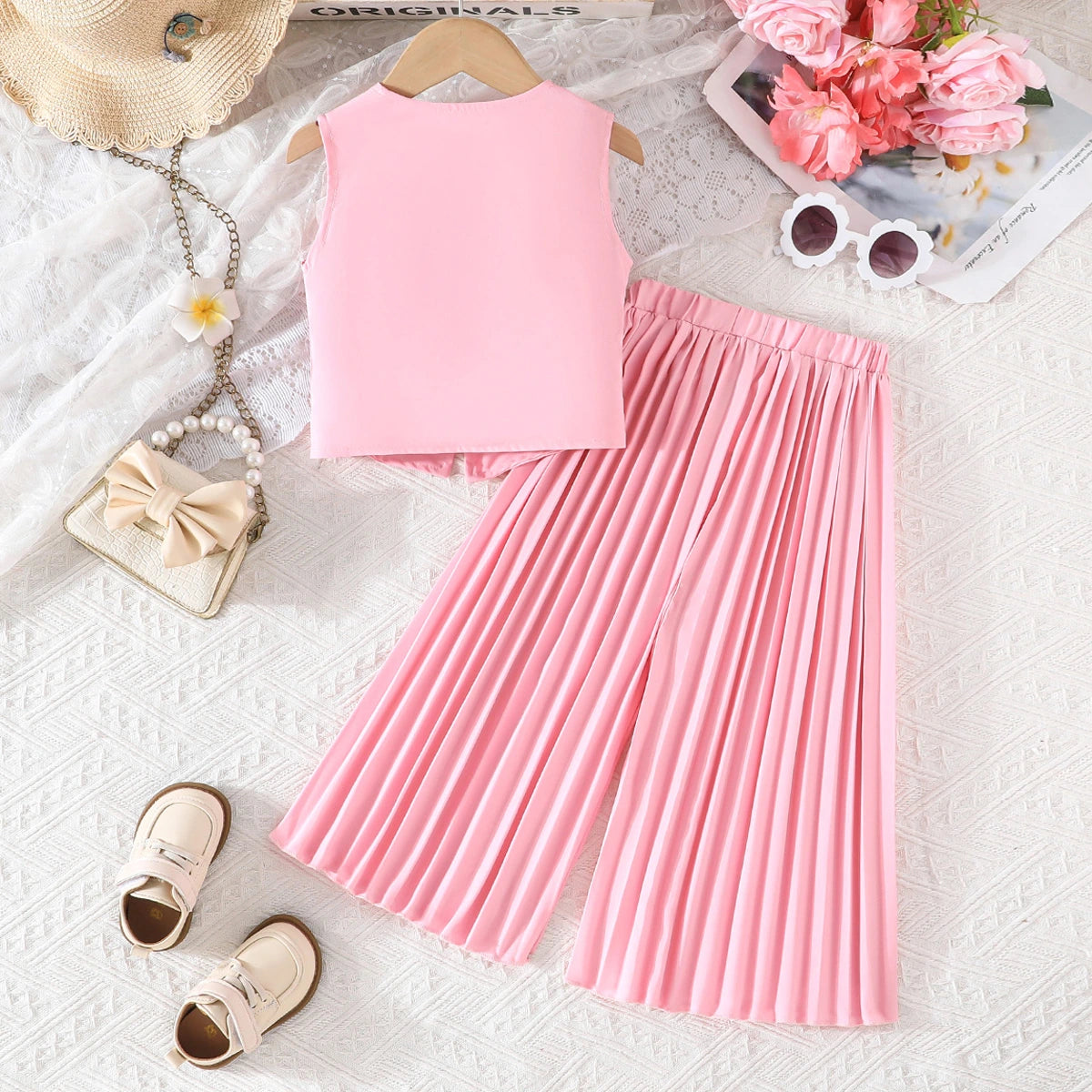Girls Light Pink Bow Applique Sleeveless Top With Pleated Pants Co-ord Sets Sets
