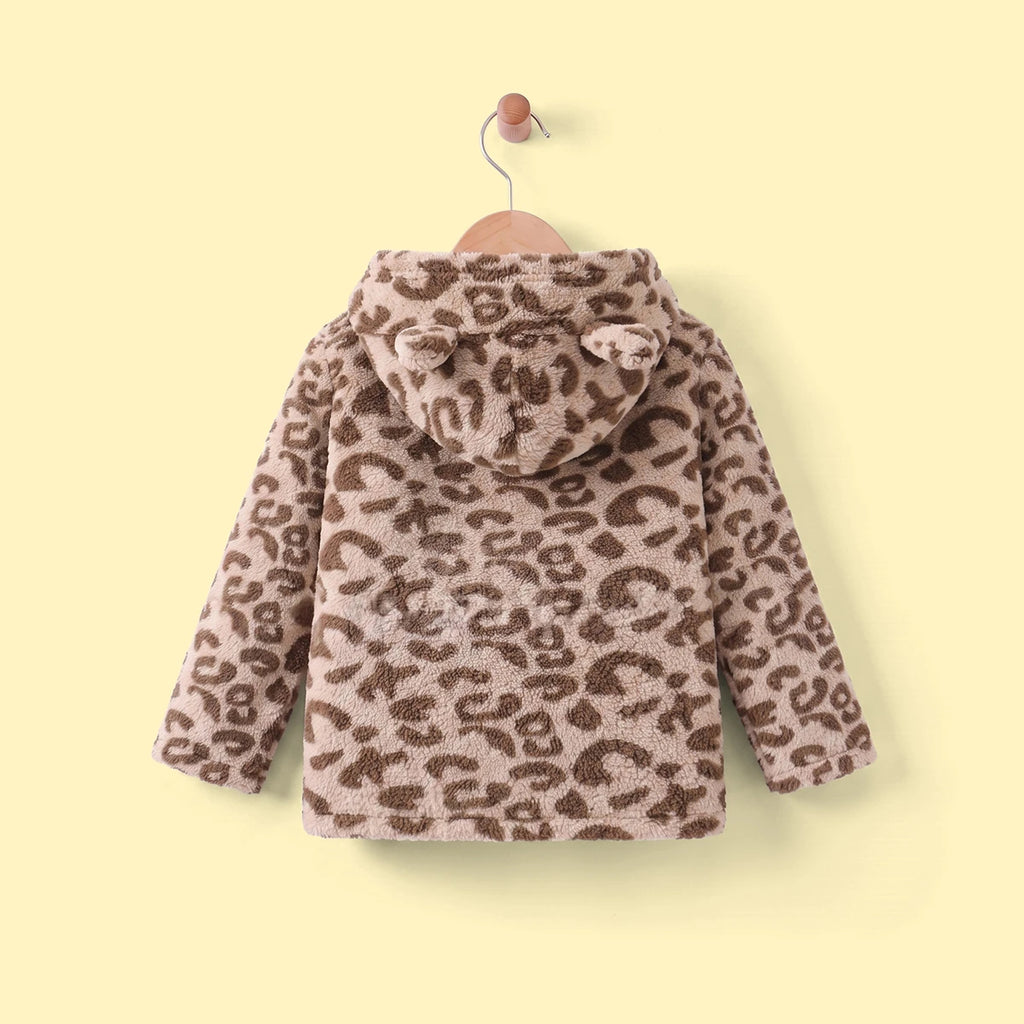 Girls Brown Leopard Print Hooded Zipper Jacket Coats & Jackets