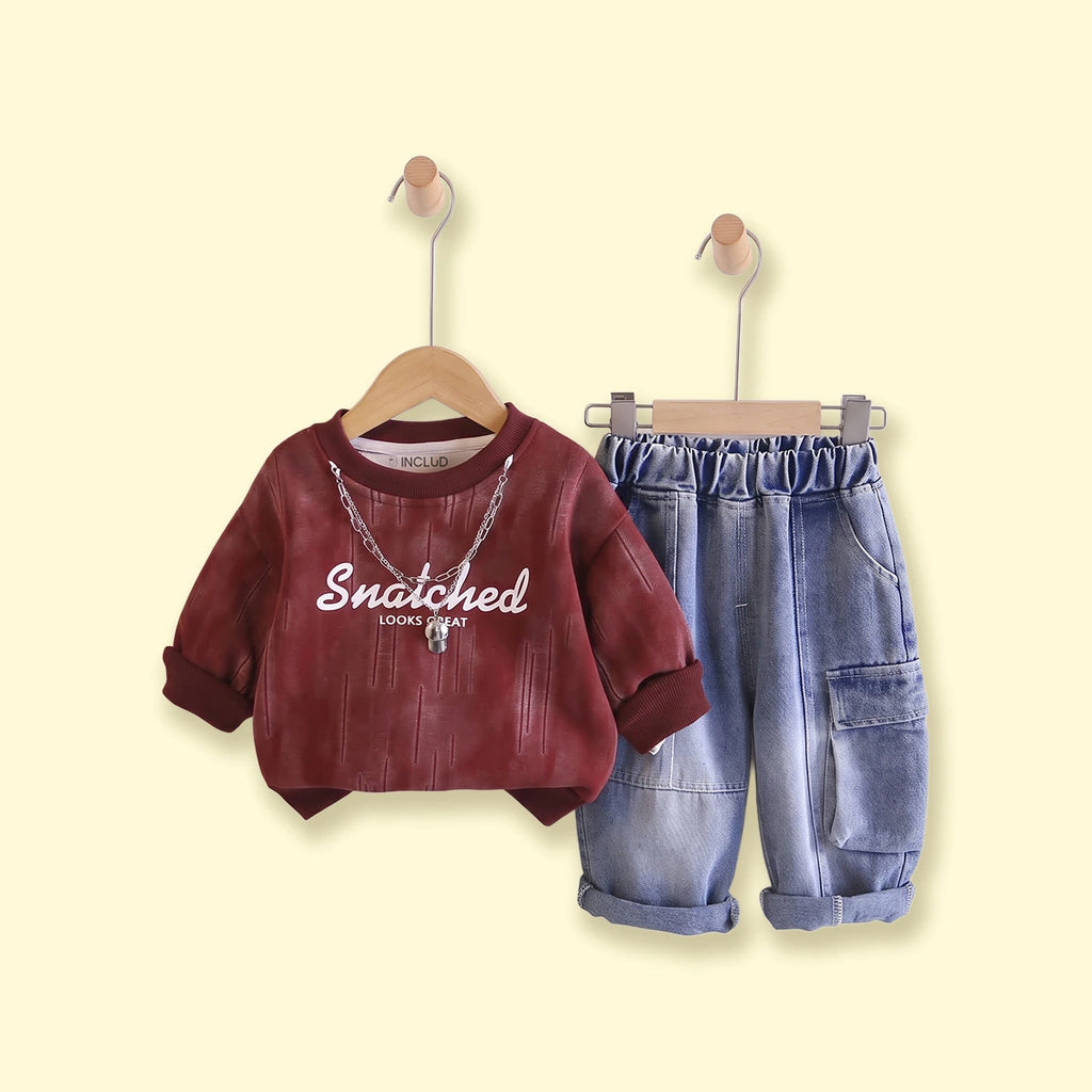 Boys Maroon Typography Sweatshirt With Denim Pants Sets 2 pc. Sets Maroon 1-2 Y