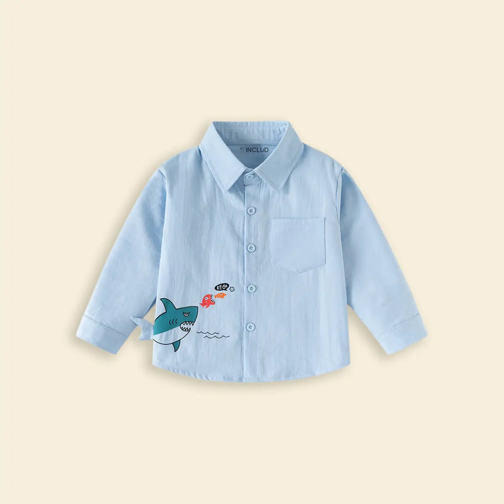 Boys Sky Blue Shark Graphic Long Sleeve Shirt Shirts