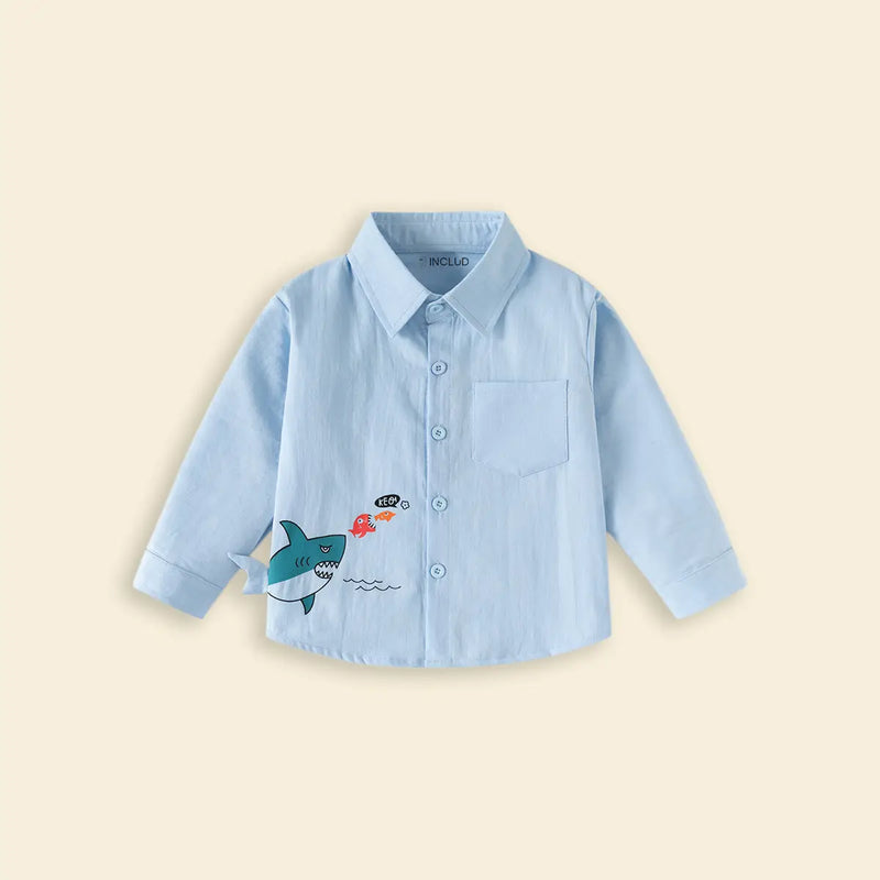 Boys Sky Blue Shark Graphic Long Sleeve Shirt Shirts