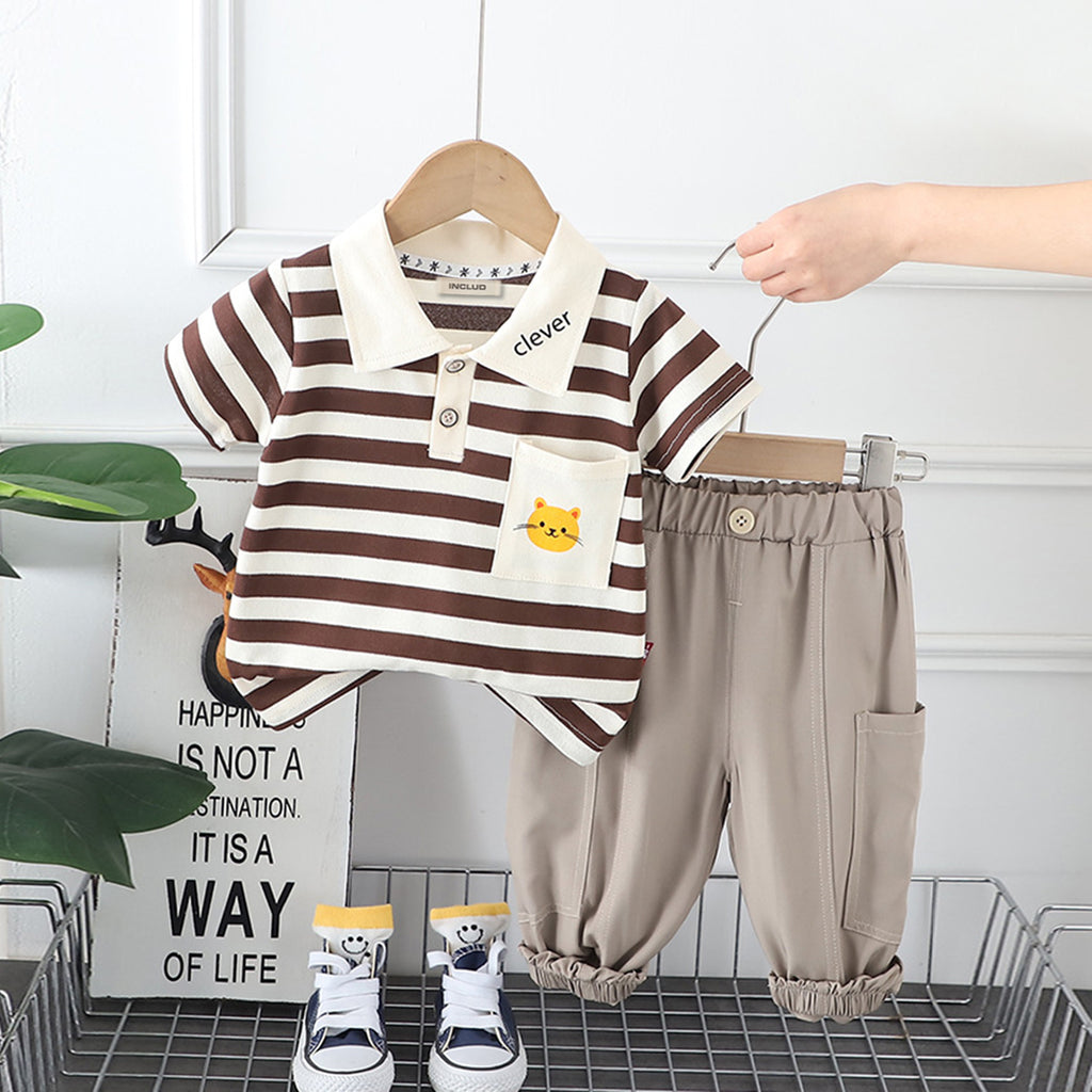 Boys Striped And Graphic Polo T-Shirt With Elasticated Pants