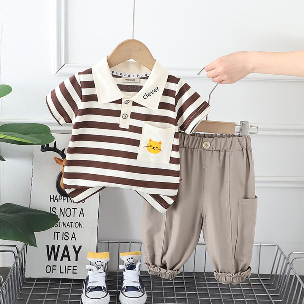 Boys Brown Striped And Graphic Polo T-Shirt With Elasticated Pants