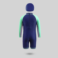 Boys Navy Blue Graphics Swimwear Bodysuit With Swim Cap Beachwear