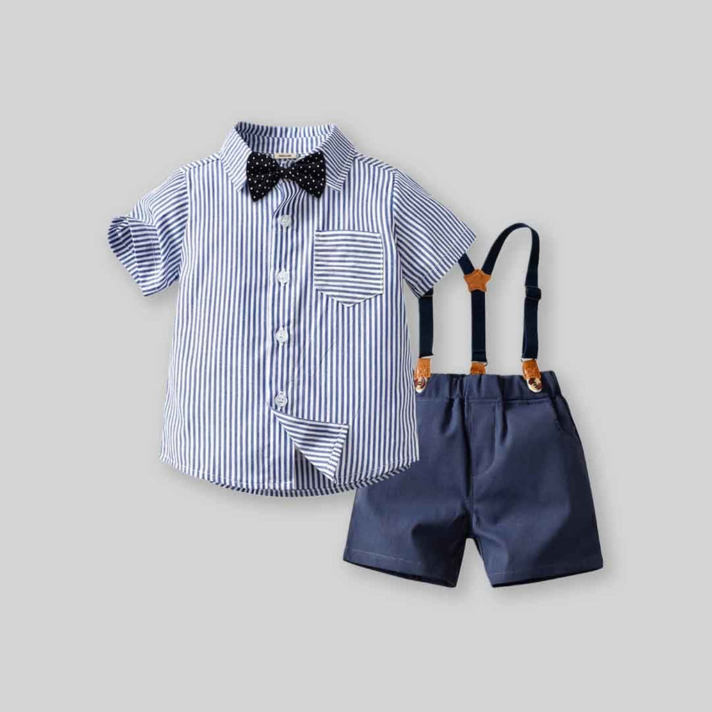 Boys Striped Shirt with Bow & Suspender Shorts Formal Set