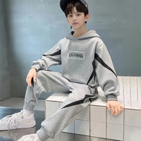 Boys Grey Typographic Printed Hooded Sweatshirt With Jogger Sets Sets