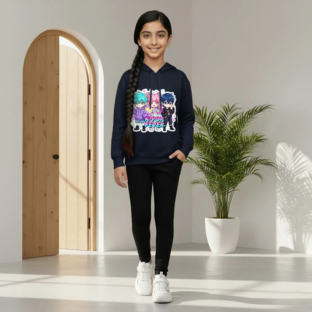 Girls Navy Blue K-Pop Fever Graphics Hoodie Sweatshirts & Hoodies Navy Blue 2-3 Y