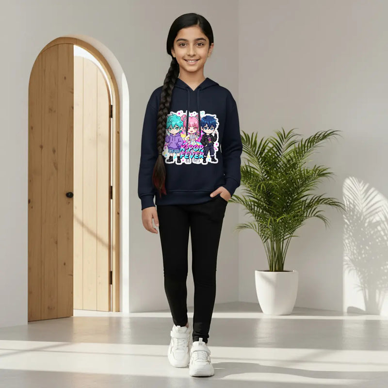 Girls Navy Blue K-Pop Fever Graphics Hoodie Sweatshirts & Hoodies Navy Blue 2-3 Y