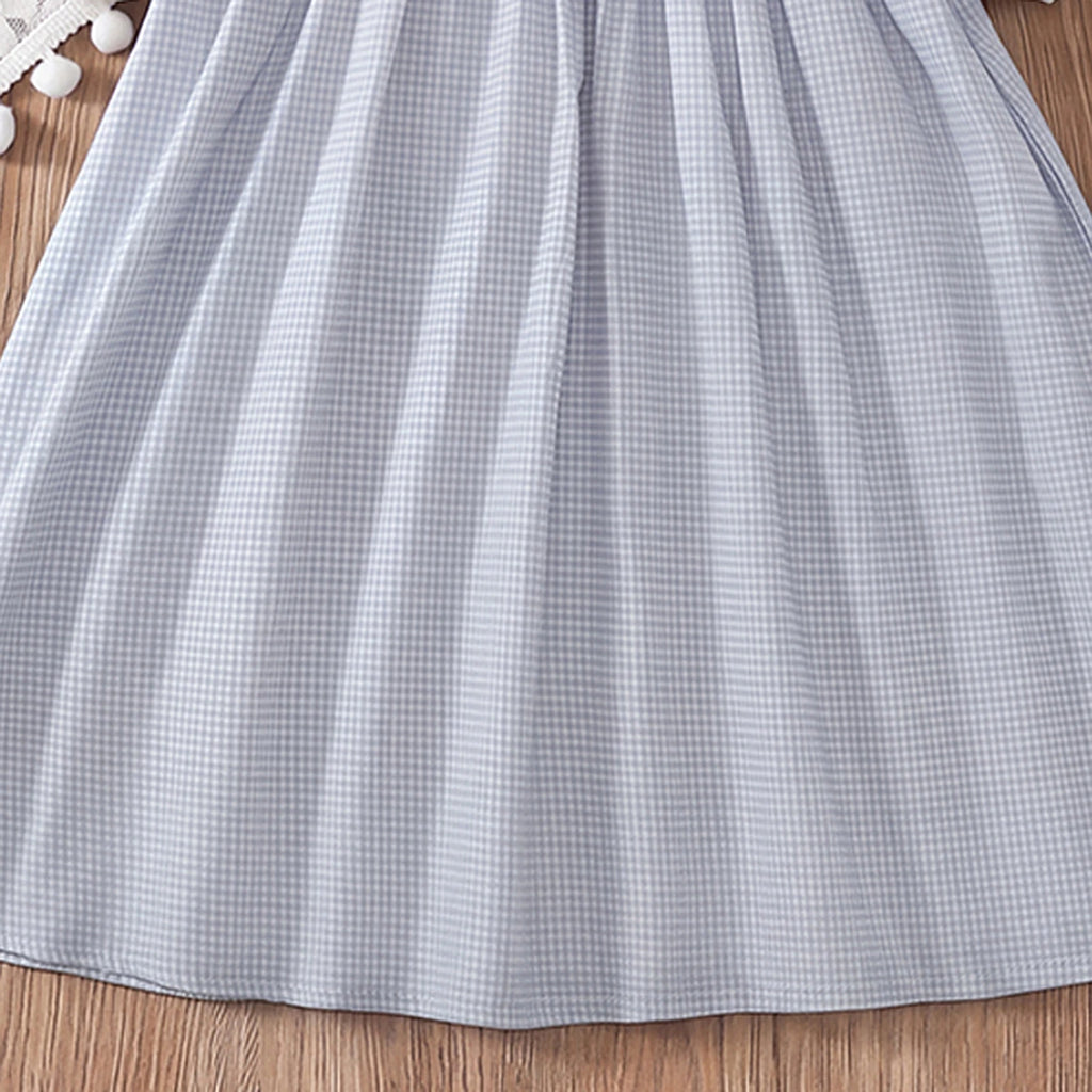 Girls Light Blue Checked Puff Sleeve A-line Dress Casual Dresses