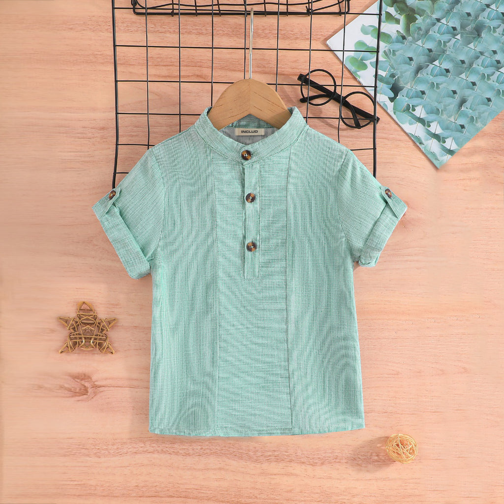 Boys Green Chambray Mandarin Collar Shirt Shirts Green 3-4 Y