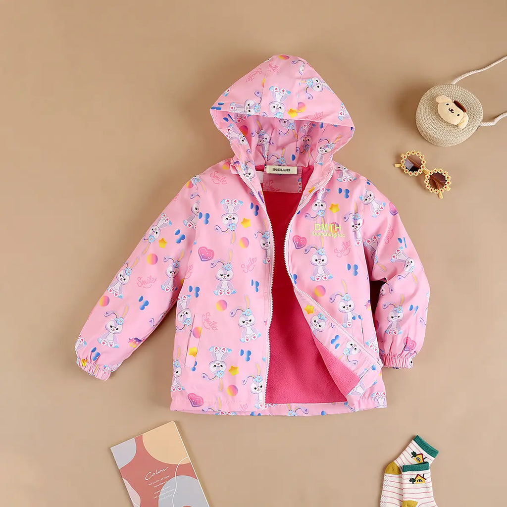 Girls Pink Rabbit Cartoon Printed Hooded Zipper Jacket Coats & Jackets