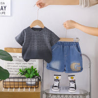 Boys Dark Grey Letter G Printed T-Shirt With Denim Shorts Set Sets Dark Grey 1-2 Y