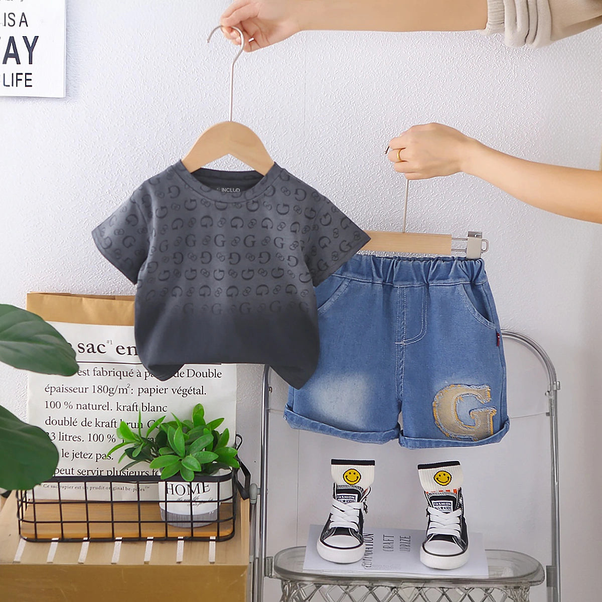 Boys Dark Grey Letter G Printed T-Shirt With Denim Shorts Set Sets Dark Grey 1-2 Y